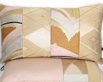Art Deco Decorative Pillow Cushion in Metallic Pink, Gold, Silver & Rust in Arch Waves made from rare Vintage Japanese Obi Silk Ltd Edition