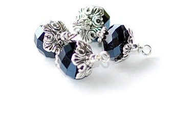 Black Vintage Jet Crystal Charms FREE SHIP bead glass drops dangles jewelry making brass bead caps pendants