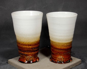 Set of two (2) Spiral Porcelain Drinking Glasses, Cream White over Rich Brown Glazes
