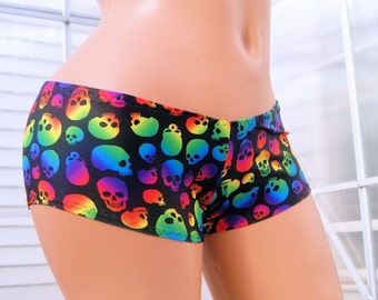 Neon Rainbow Skulls Lo Rise Booty Shorts Adult XS XSmall- MTCoffinz - Ready to Ship