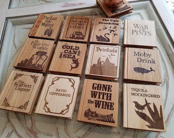 Solid Wood Book Shape Coasters NEW TITLES AVAILABLE - you pick from 15 punny options - Drinking puns, Coaster set, gifts for book lovers