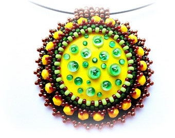 Beadwork Yellow Green Pendant Glass Pendant Embroidery Lampwork Glass Cabochon Necklace Spring Green Pendant OOAK Jewelry Ready to ship