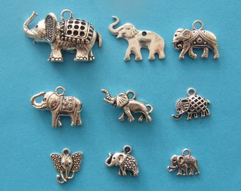 The Elephant Collection - 9 different antique silver tone charms
