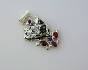 Meteorite, Garnet and Amethyst Pendant in 925 Sterling Silver