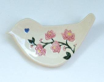 Ceramic Hand Built Bird Plate, Pink Blossoms