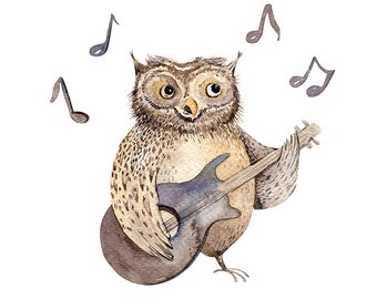 Owl Playing Guitar Animal Watercolor Original Painting 13