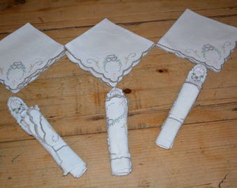 Six Victorian Embroidered Napkins & Three Holders