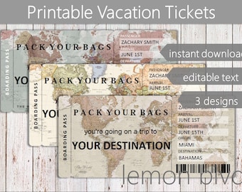Surprise Trip Tickets | Vacation Ticket Instant Download | Editable Text | Boarding Pass | Printable Trip Ticket Surprise | World Map Ticket