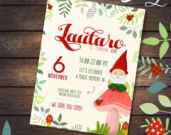 Cute garden gnome birthday party printable invitation