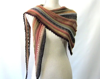 Merino Mohair Skinny Triangle Shawl Style Scarf Neckwrap with Beads - Tan, Brown, Slate Gray and Sage Mochi
