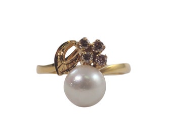 14k Yellow Gold Pearl and Diamond Ring, Pearl Ring, Estate Jewelry, Vintage Ring, Vintage Jewelry, June Birthstone
