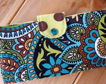Paisley Checkbook Cover, Green and Teal Checkbook Cover, Coupon Wallet, Fabric Checkbook, checkbook with snap