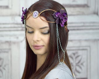 Dark Purple Elven Crown, Purple Circlet Headdress, Fairy Headpiece, Woodland Crown, Fantasy, Elven Tiara, Cosplay, Costume Headdress, Boho