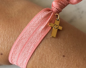 Fold over elastic bracelet, small gold cross charm, coral elastic jewellery, summer accessories, gift for her, friendship bracelet