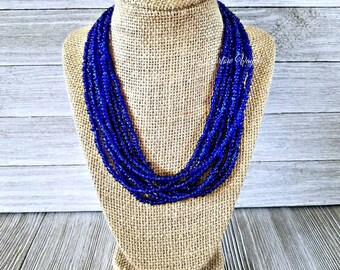 Blue necklace, blue beaded necklace, blue bead necklace, dark blue necklace, dark blue bead necklace, dark blue and silver, dark blue