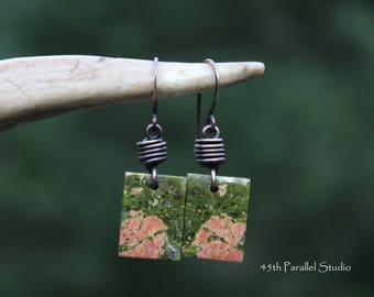 Unakite Copper Earrings, Unakite Earrings, Unakite Jewelry, Green Earrings, Stone Earrings, Stone Jewelry, Cabochon Earrings, Nature Earring