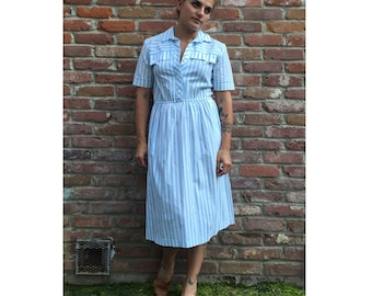 Vintage Midi Dress - Short Sleeve Dress - Collared Dress - Summer Dress - Festival Dress - Candystriper Dress - 60s - 70s