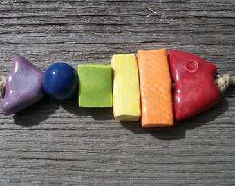 Handmade Shiny Rainbow Ceramic Fish Bones Pendant