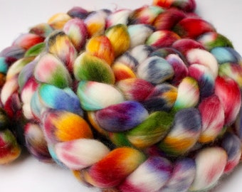 Hand painted superwash merino/nylon spinning fiber/roving in "Summergarden"