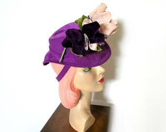 Vintage 1940's Purple Floral Percher Tilt Hat ~