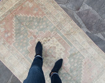 Vintage Anatolian 6'1" x 3'7 Oushak Rug Faded Wool Low Pile Oushak Rug / Runner - FREE DOMESTIC SHIPPING
