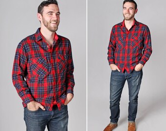 Vintage Men's Red and Navy Plaid Button Up Shirt - Woven Country Retro 1970's Green White Flannel Long Sleeve Small - Size Medium