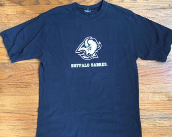 Vintage Black Graphic Tee Shirt- Buffalo Sabres Hockey- 90's Sabres Logo- Black and Red NHL BUffalo Sports