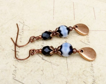 Black Earrings, Blue Earrings, Black and Blue Earrings, Copper Earrings,Black Copper Earrings, Millefiori Earrings, Czech Glass Beads, Gifts