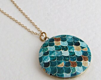 Mermaid Locket .. scales, ocean, round locket, brass locket