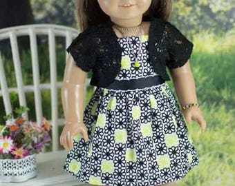 SUNDRESS Dress in Black Yellow Daisy Print with JACKET Jewelry and SANDALS Option for American Girl or 18 inch Doll