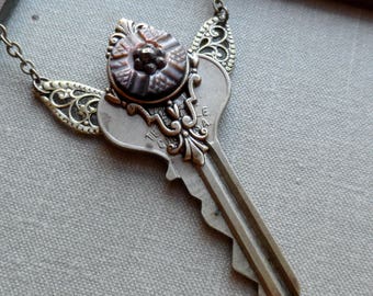 75% Off! Steampunk Clearance Sale, Steampunk Fairy Key Necklace with Antique Mother of Pearl Button, Antique Brass, Steel Cut Jewels, Beige