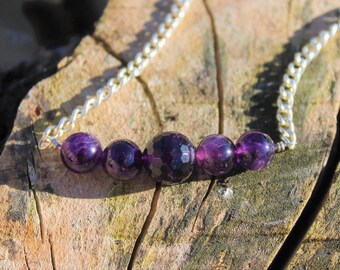 Amethyst and Silver Beaded Bar Necklace, Purple Amethyst Necklace, Crystal Jewellery, Gift for Her, February Birthstone, Real Gemstones