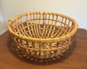Vintage Large Indian Woven Bamboo Basket 21" Across, Boho Bohemian