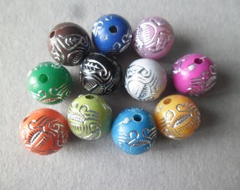 x 10 mixed patterned silver acrylic 11 mm round beads