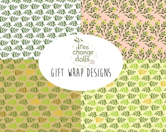 Tree Change Dolls® downloadable wrapping paper, gift wrap, leaf design, 4 patterns