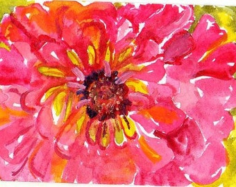 ACEO Original Zinnia watercolor painting, Flower Art Card, pink zinnia watercolors paintings, SharonFosterArt