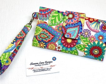 women's wallet, colorful floral print, trifold organizer wallet, checkbook, cell phone accessory, wristlet, small purse, ready to ship gift