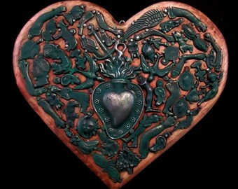 Green Milagros Heart, Mexican Milagro Charms, 5th Anniversary Gift, Wood Anniversary, Ex Voto Sacred Heart