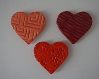 Handmade Ceramic Heart Magnets- set of 3