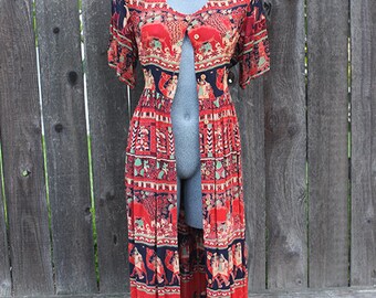Vintage 90s Dress, Button Up Dress, Duster Long Cardigan, Orange Ethnic Print, Size Medium / Large