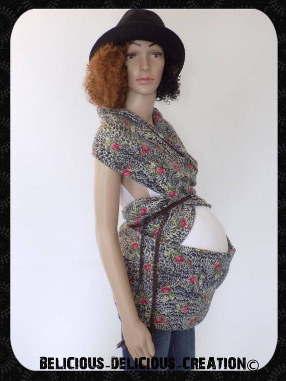Original very nice scarf for the pregnancy! FLOWER! Wool soft 132 cm X 28 cm belicious delicious creation - gray with flower pattern"