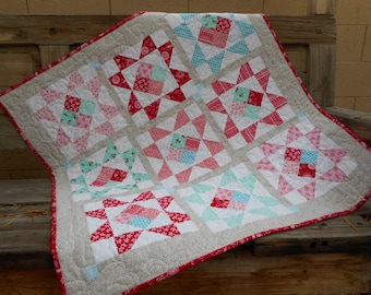 Baby Quilt--Red/Pink/Aqua and Gray
