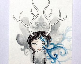 SALE Girl with anlers, Small original painting, fantastical, mounted head, blue tatoo