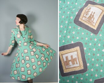 50s light GREEN dress with matching bolero jacket by SAMBO Fashions - NOVELTY picture carriage and house print - full skirt cotton dress - M