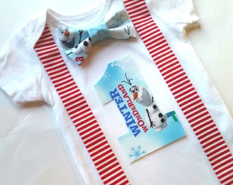 Disney Olaf - Winter Wonderland Onederland - Boys Bow Tie Birthday Shirt Smash Top