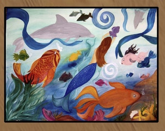 Tropical Fish and Mermaid Party indoor-outdoor floor mat.