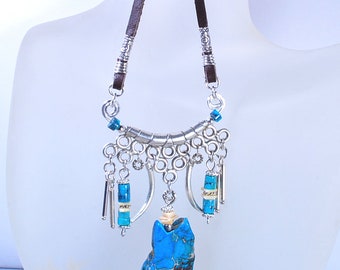 Southwestern Turquoise Necklace | Long Boho Leather Necklace | Turquoise Sediment Jasper Pendant Necklace