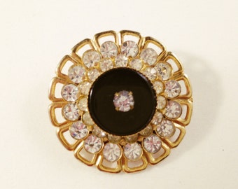 Vintage Circle Pin, Vintage Jewelry, Rhinestone Jewelry, Vintage Brooch, Rhinestone Brooch, Gold Tone Filigree Brooch, Gold & Black Brooch