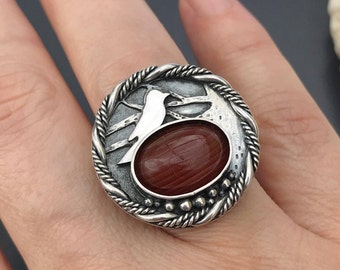 Sterling Silver Split Top Crescent Carnelian Enamel Ring -  Diasporan Voyage