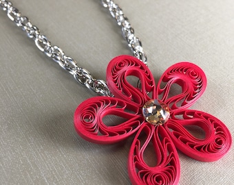 Red Flower Necklace - Paper Quilling/Filigree